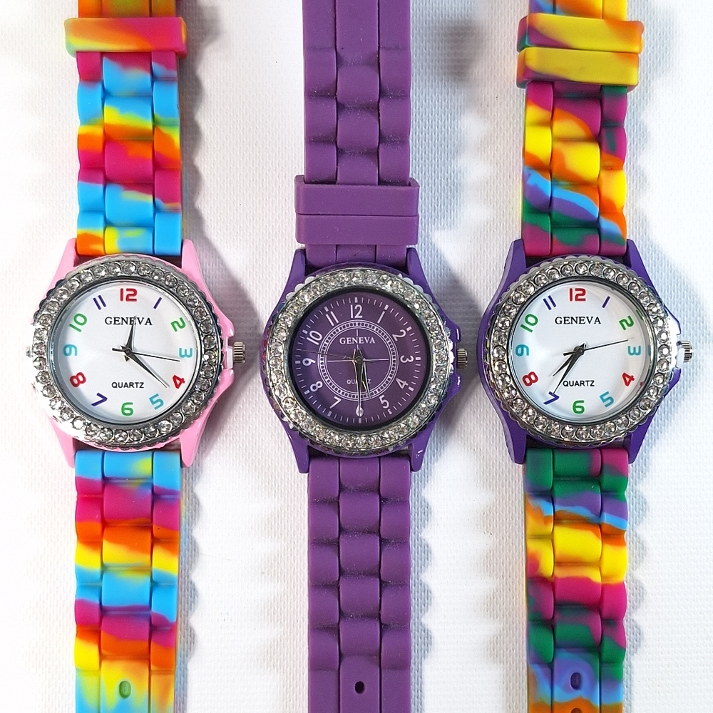 Geneva Crystal Rhinestone Bezel Silicone Rainbow Purple Womens Watches, 3 Pcs